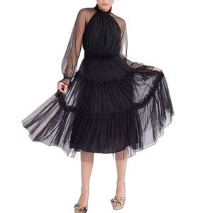 Mille Gabrielle Black Swiss Dot Sheer High Halter Neck Tiered Midi Dress Sz XS